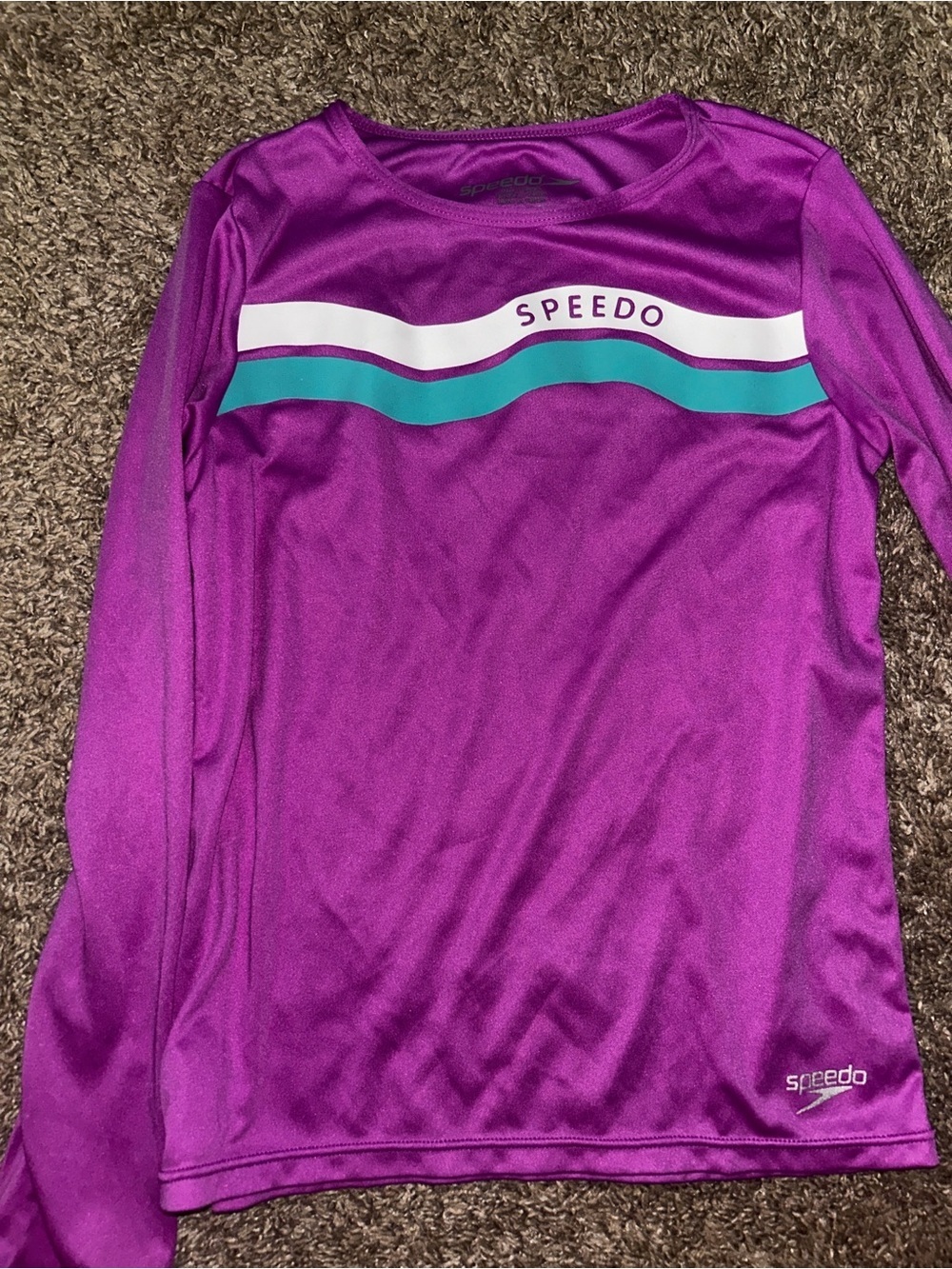Speedo Purple Long Sleeve Kids Swim Rashguard with White and Teal Stripes